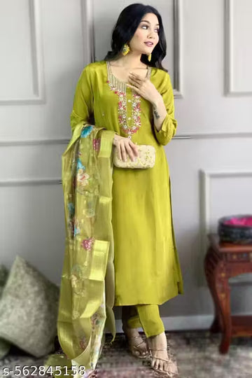 Premium Chanderi Silk Straight Kurta with Embroidered Neckline, Floral Dupatta & Pant – Ethnic Set for Women
