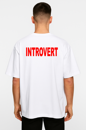 White T-Shirt with Bold Red "INTROVERT" Print on Back