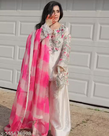 Designer Embroidery Work Kurti With Bottom And Printed Dupatta Set