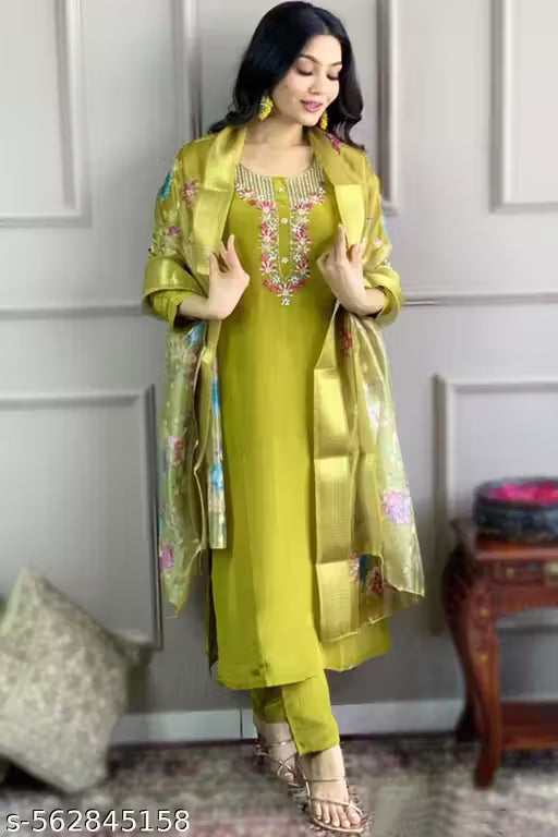 Premium Chanderi Silk Straight Kurta with Embroidered Neckline, Floral Dupatta & Pant – Ethnic Set for Women