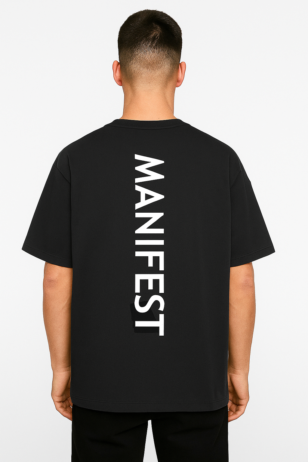 Black T-Shirt with Vertical “MANIFEST” Print on Back