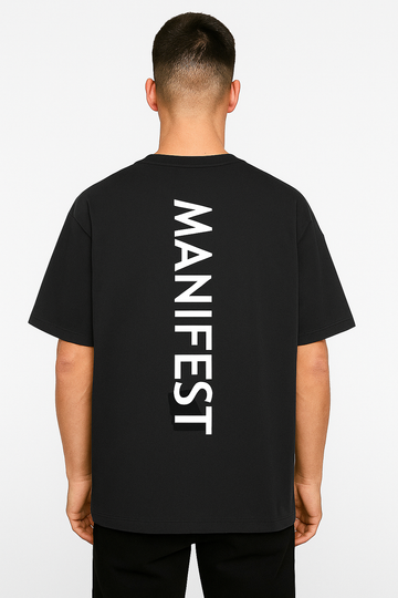 Black T-Shirt with Vertical “MANIFEST” Print on Back