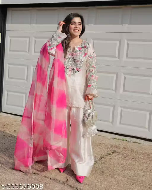 Designer Embroidery Work Kurti With Bottom And Printed Dupatta Set