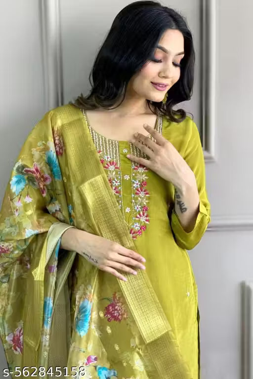 Premium Chanderi Silk Straight Kurta with Embroidered Neckline, Floral Dupatta & Pant – Ethnic Set for Women