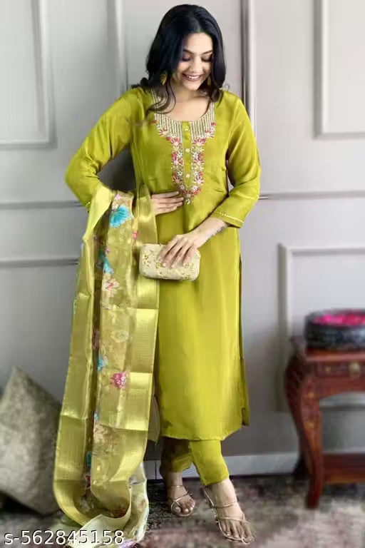 Premium Chanderi Silk Straight Kurta with Embroidered Neckline, Floral Dupatta & Pant – Ethnic Set for Women