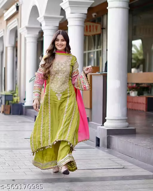 NEW DESIGNER BUDGET FRIENDLY PARTY WEAR STITCHED SUIT SET IN HEAVY VICHITRA SILK WITH EMBROIDERED SEQUINS WORK WITH HEAVY ORGANZA DUPATTA