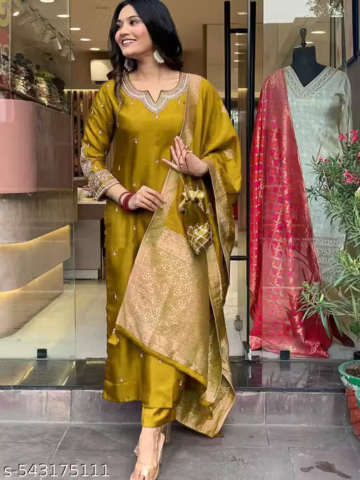 Stylish Roman Silk Embroidered Suit with Jacquard Dupatta & Latkan Kurta Set for Women Party Wear Kurta Set Embroidered