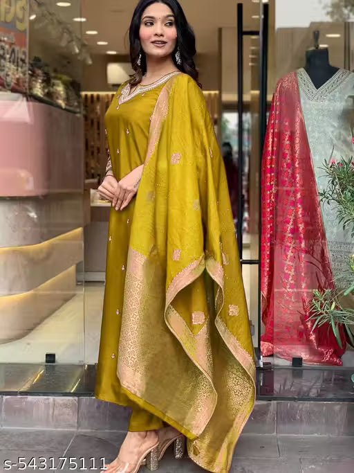 Stylish Roman Silk Embroidered Suit with Jacquard Dupatta & Latkan Kurta Set for Women Party Wear Kurta Set Embroidered